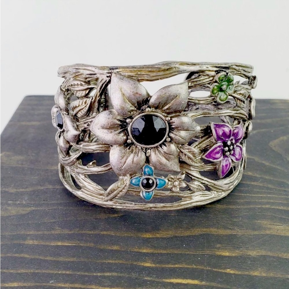 Cuff Bracelet, Adjustable Glazed Pewter with Black Stones & Enamel 🌺